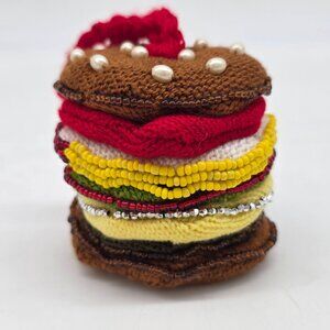 Crochet Knitted Beaded Hamburger Ornament Colorful Layers & Pearl Accents